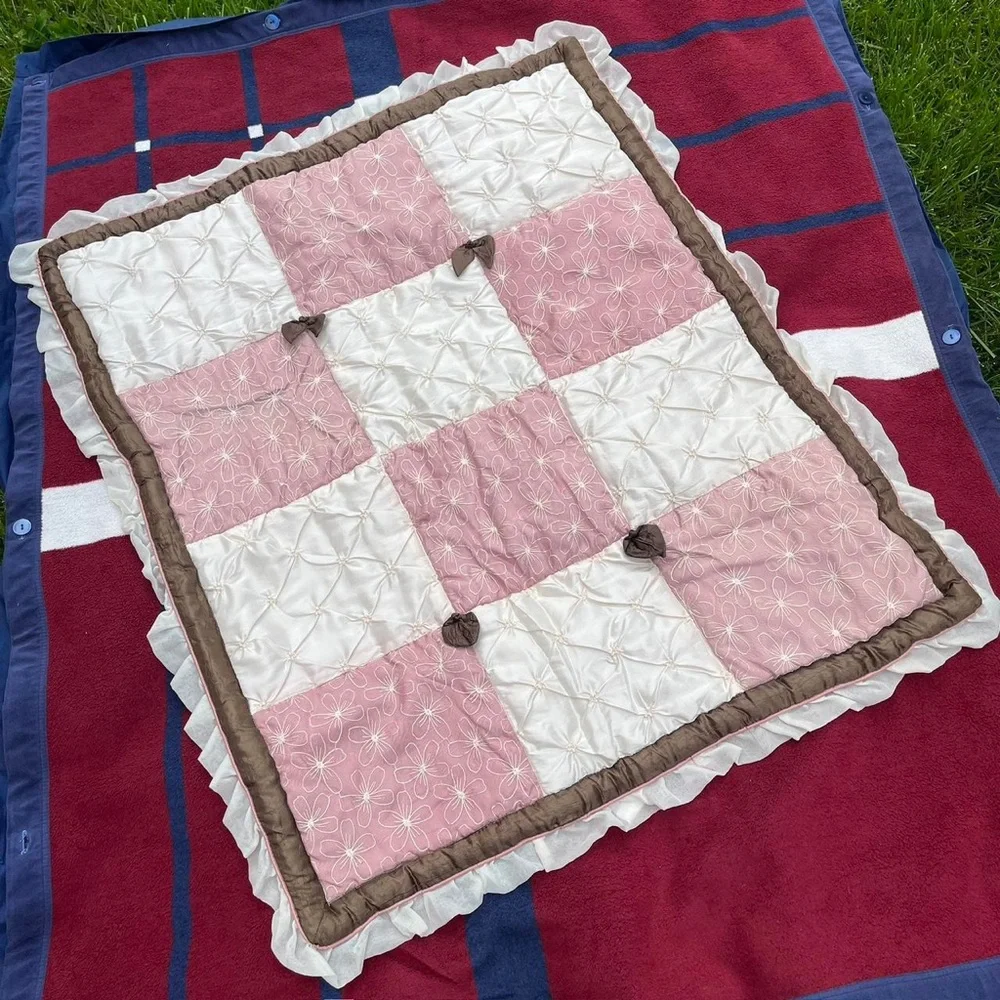 Cocalo baby comforter blanket floral bows reversible pink brown cream frilly